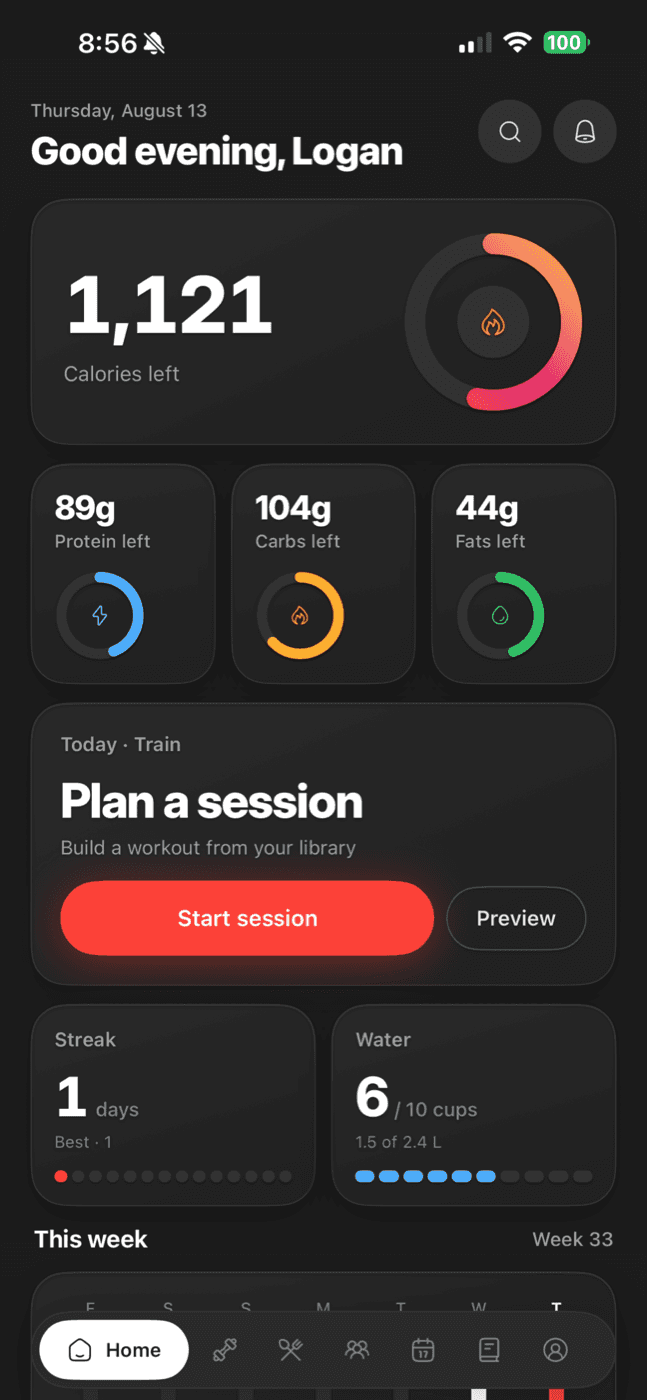 EduFit home screen: calories left inside a progress ring, protein, carb, and fat rings, a Plan a session card with a red Start session button, and streak and water tiles