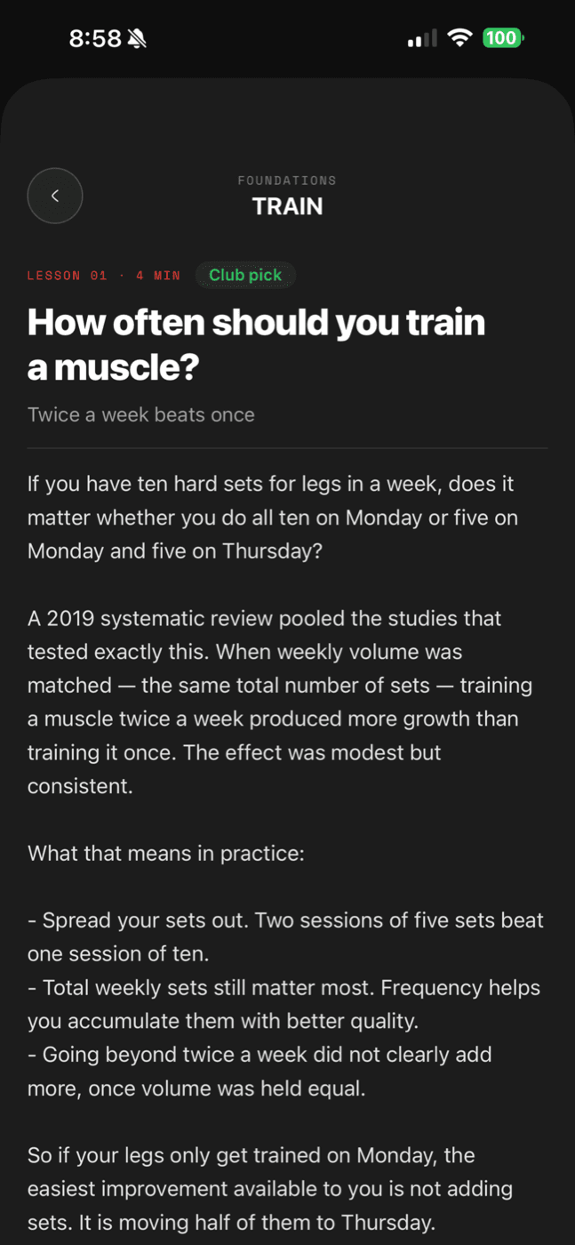 EduFit lesson reader showing a lesson titled How often should you train a muscle, citing a 2019 systematic review